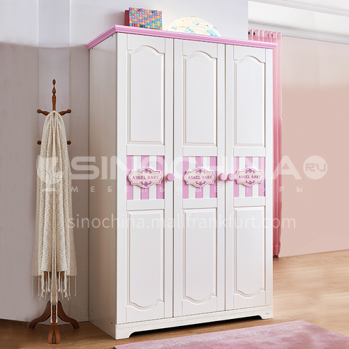 JLX-3360- Childrens solid wood three-door wardrobe, simple pink princess wardrobe, storage cabinet, combined three-door wardrobe